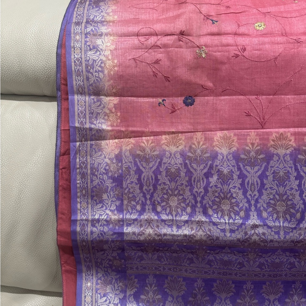 Pure silk 5 yards fabric ( Indian saree) with embroidery and hand woven border